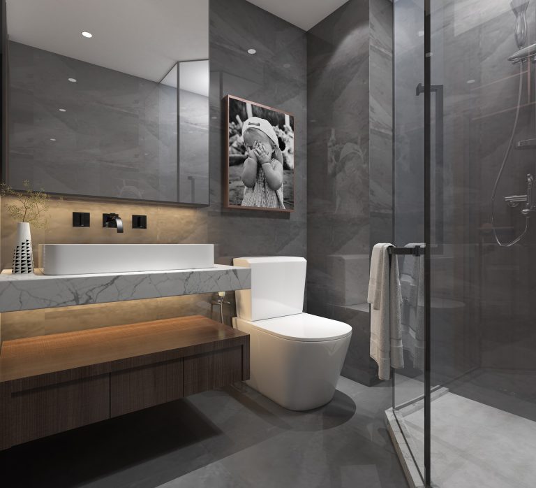 Contemporary design brand new bathroom suite installation. Wide marble sink and new glass shower door